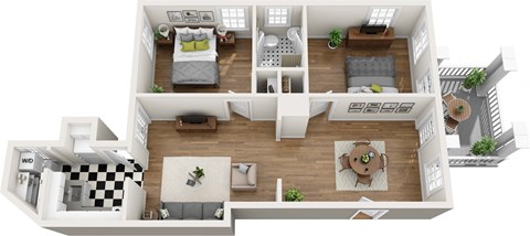 Floor plan for 2 beds, 1 bath, 958 sqft